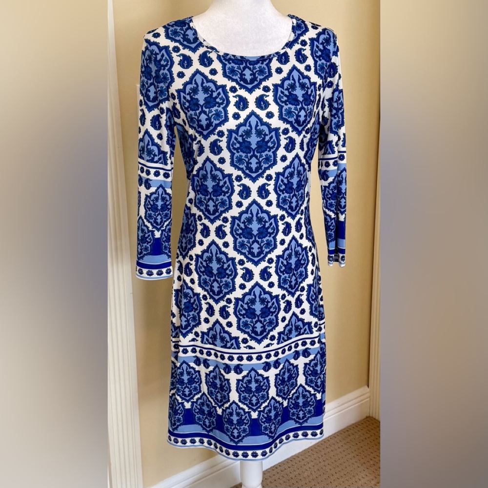 Jean Pierre Blue and White Patterned Dress New With Tags.